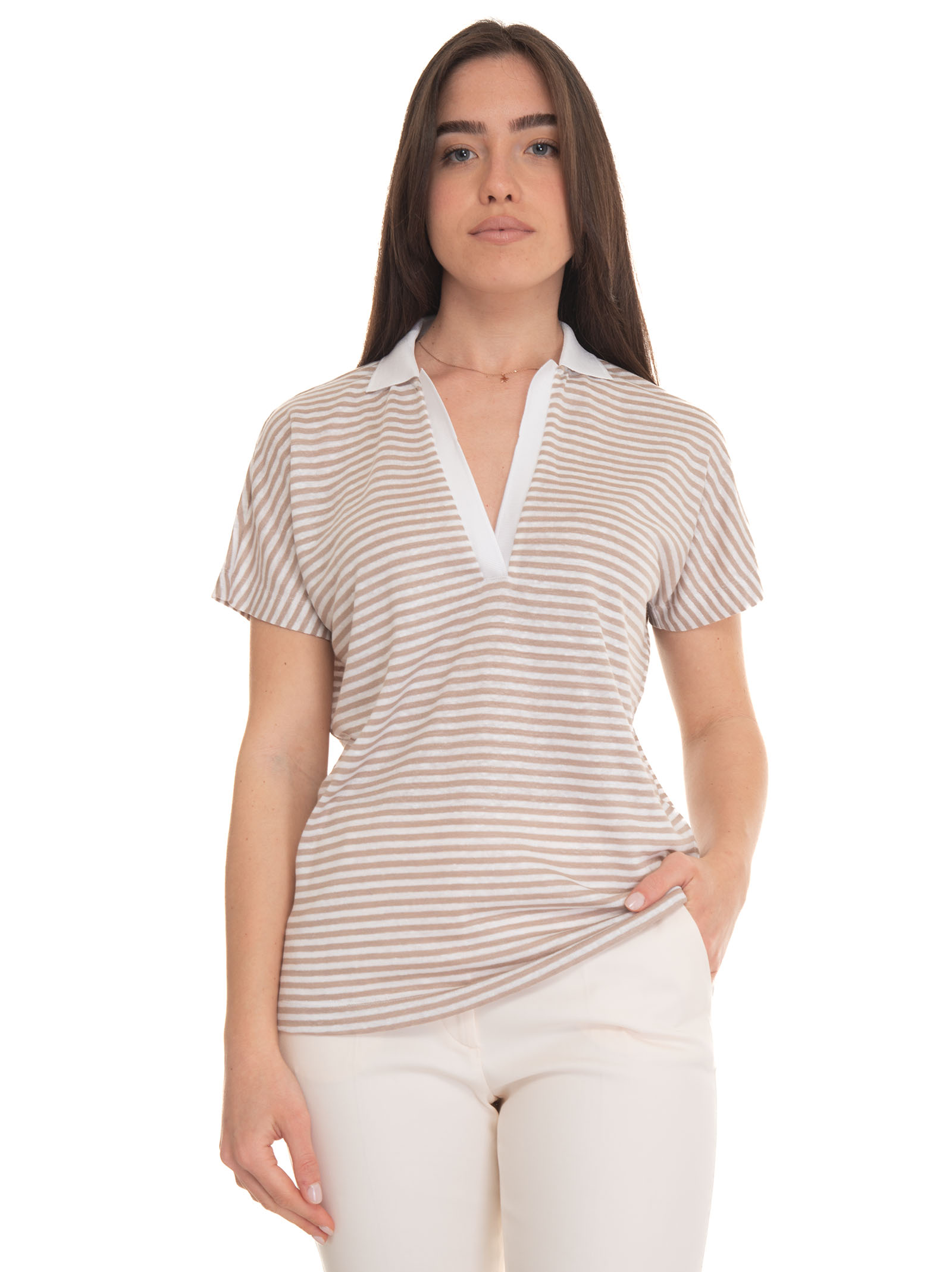 Shop Hugo Boss Enelina-striped Short-sleeved Polo Shirt In Beige