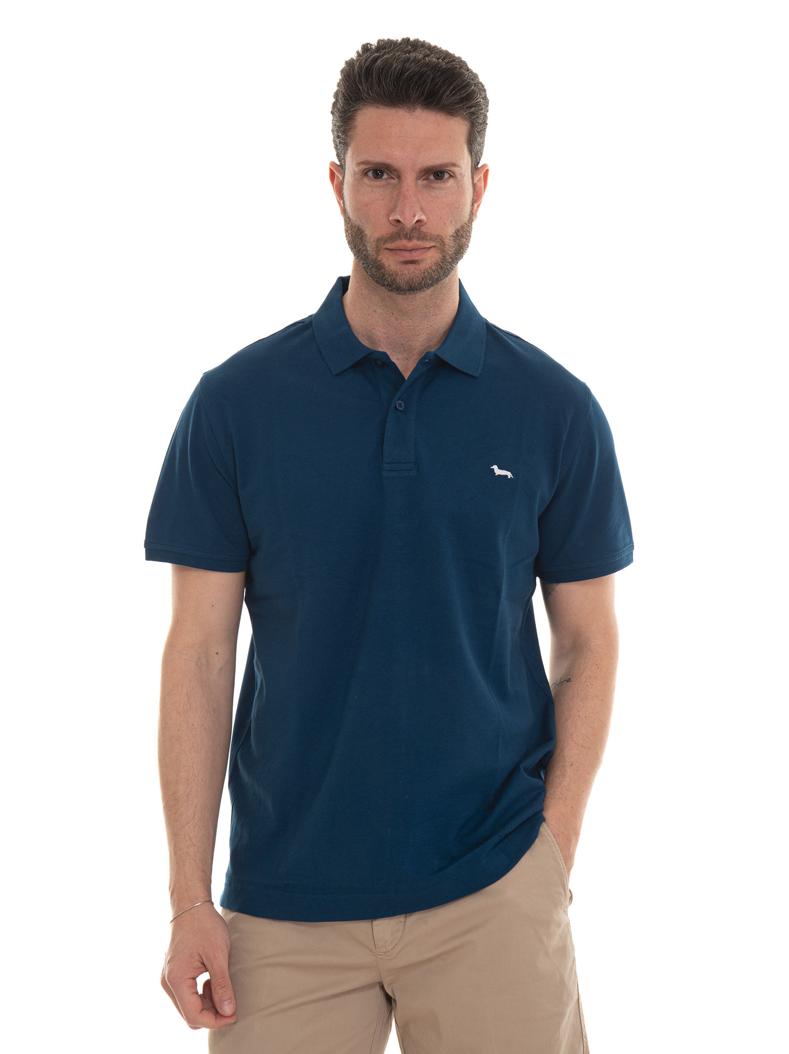 Harmont & Blaine Short Sleeve Polo Shirt In Blue Denim