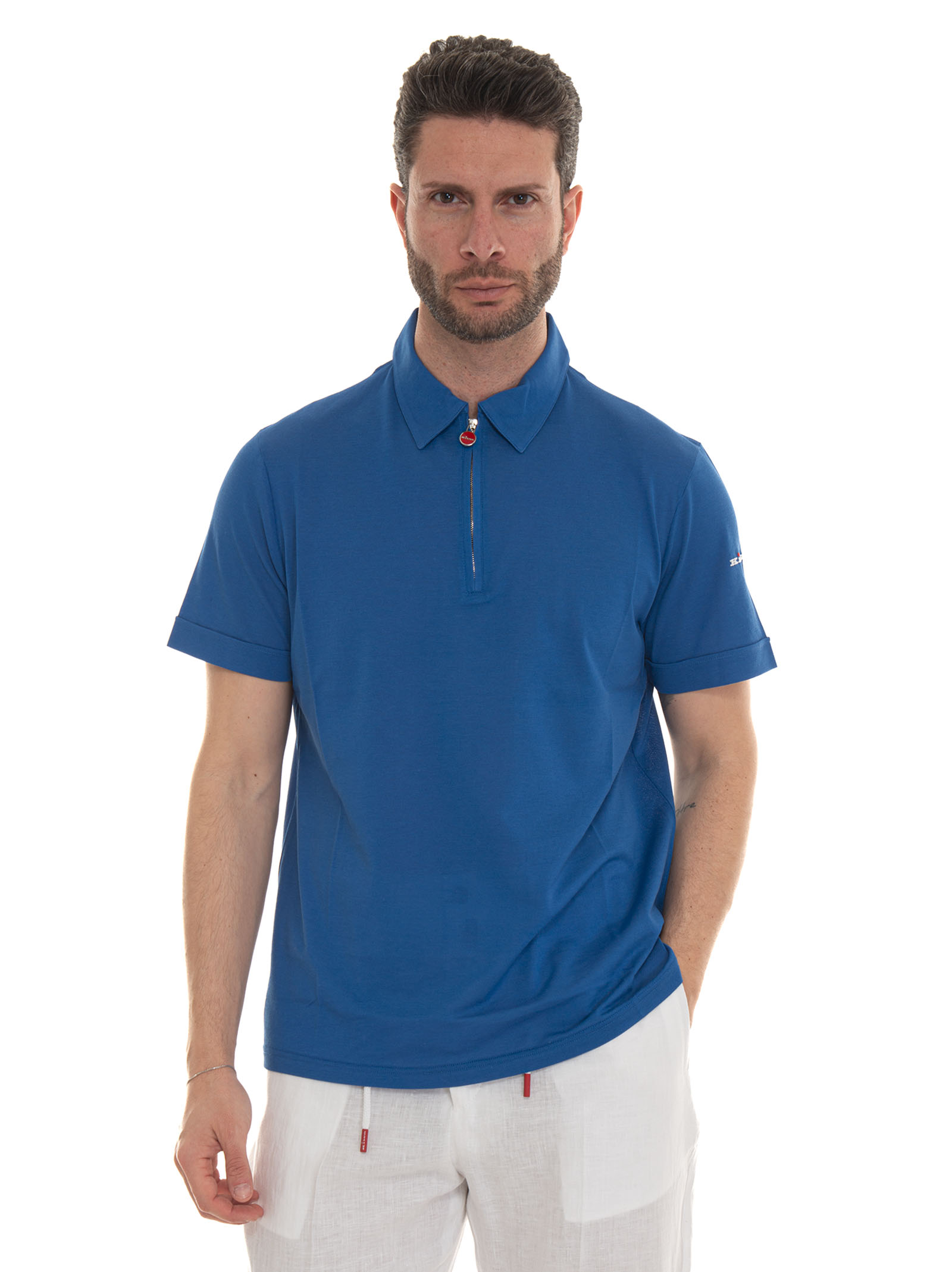 Shop Kiton Short Sleeve Polo Shirt With Half Zip In Azure