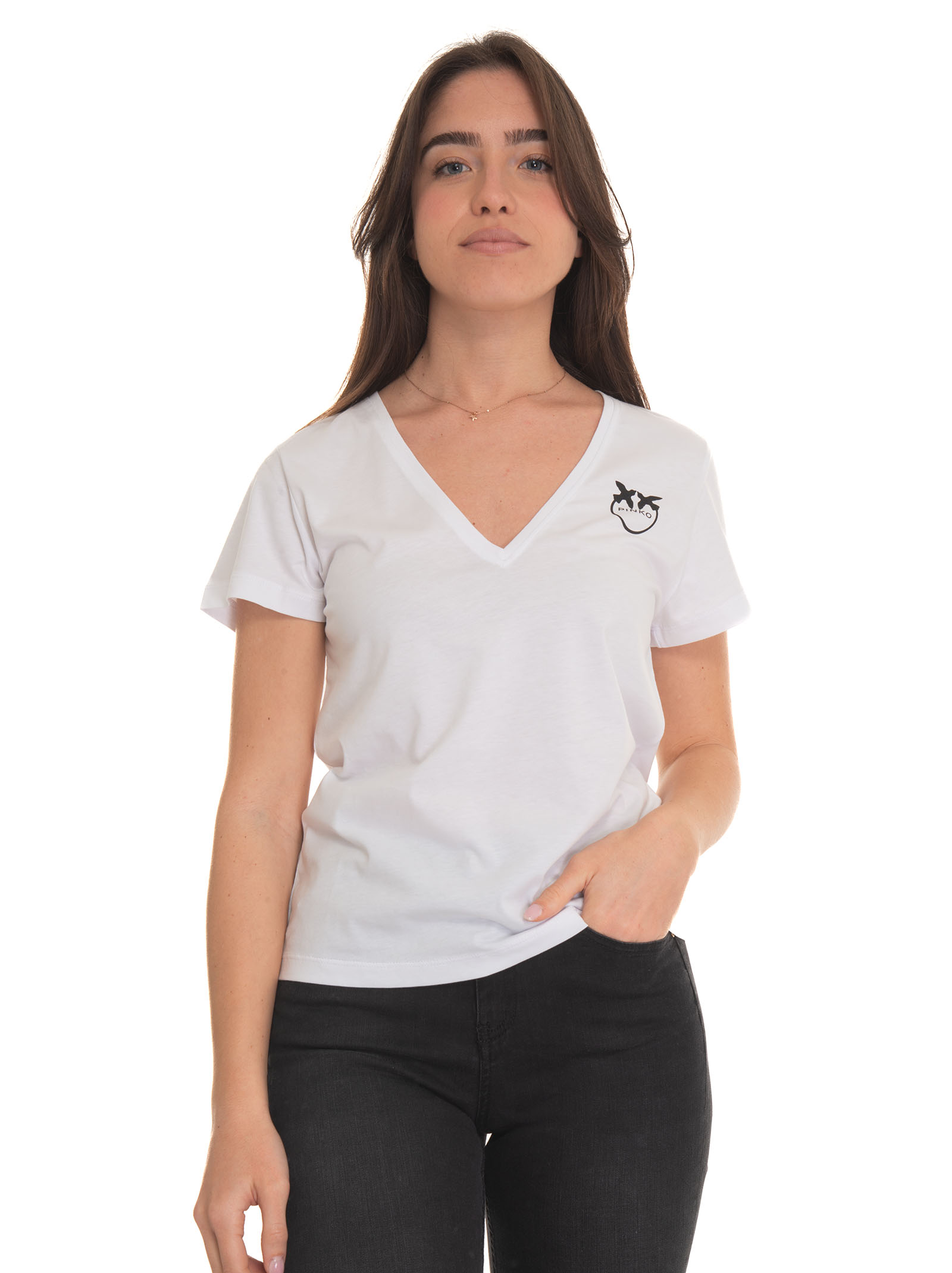 Shop Pinko Turbato V-necked T-shirt In White