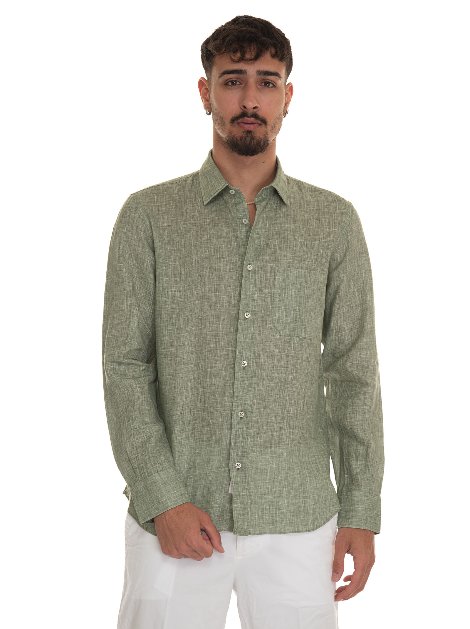 Vincenzo De Lauziers Long-sleeved Linen Shirt In Military Green
