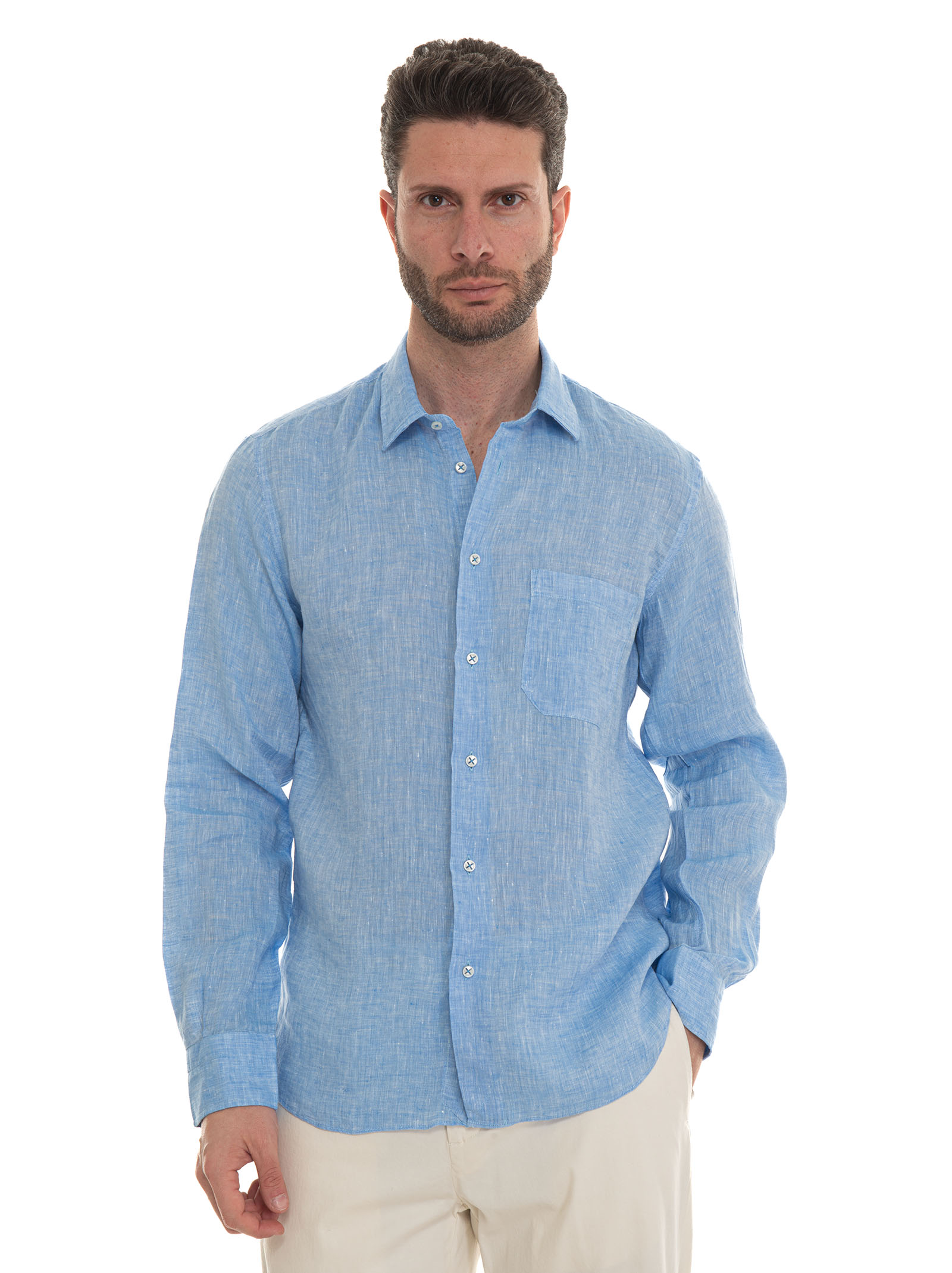 Shop Vincenzo De Lauziers Long-sleeved Linen Shirt In Sky Blue